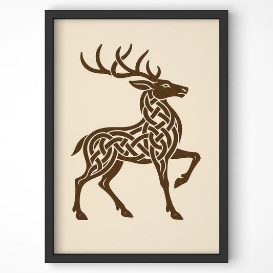 Front-facing view of Celtic knotwork stag wall art, framed and minimal – perfect nod to Irish mythology for modern homes.