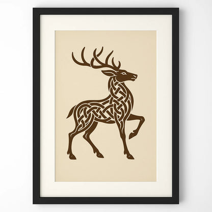 Close-up of Celtic stag in black frame, set against cream wall – inspired by ancient Celtic legends.
