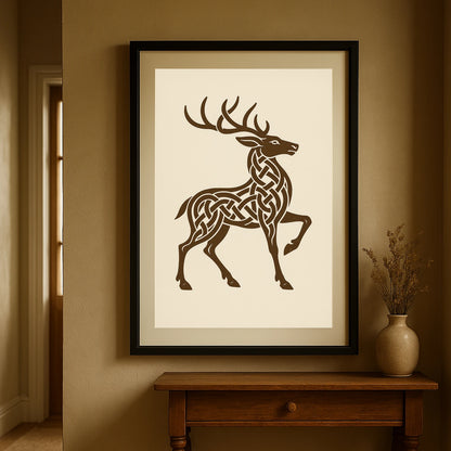 Black-framed Celtic knotwork stag print hanging in hallway with warm tones, rooted in Irish mythology.