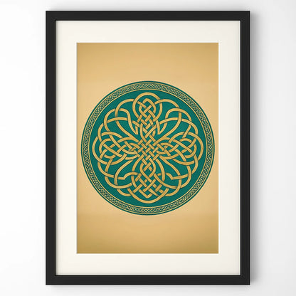 Close-up of the Celtic mandala knot artwork against a white wall, framed in black with a white border.