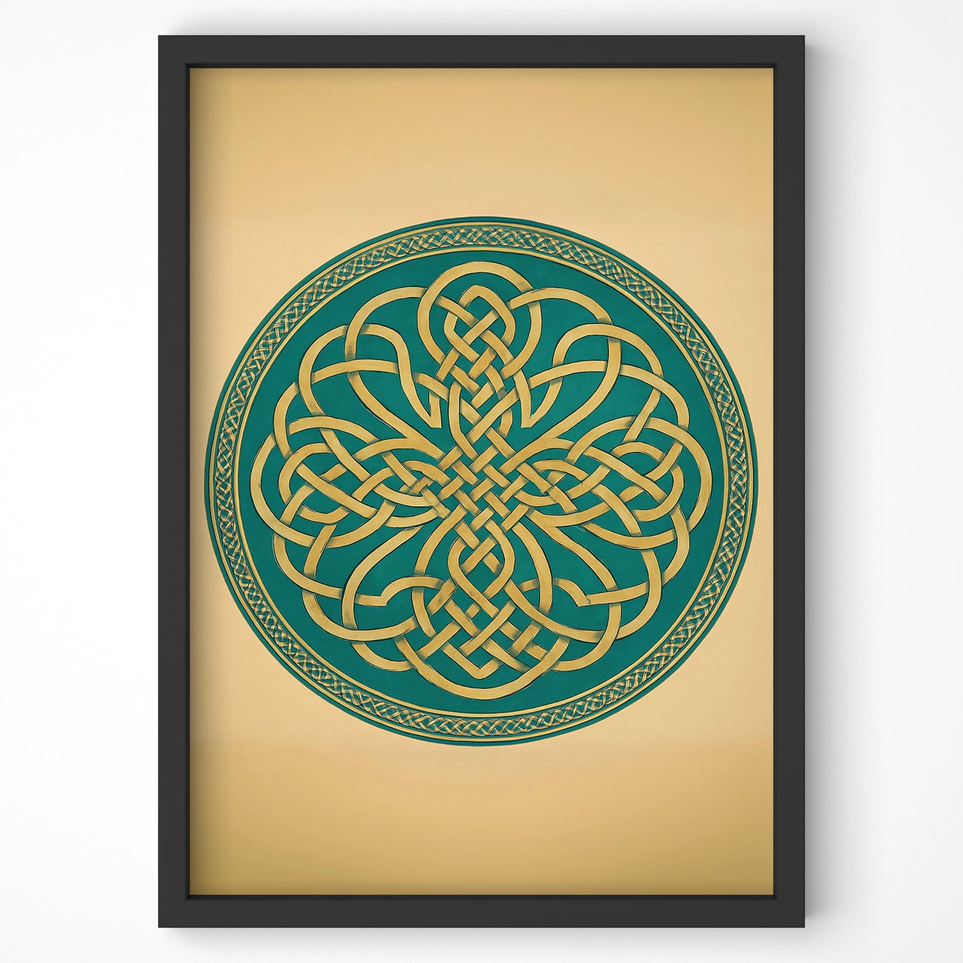 Full view of the framed Celtic knot print, bold green and gold design on a soft tan background.