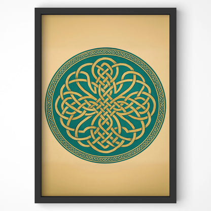 Full view of the framed Celtic knot print, bold green and gold design on a soft tan background.