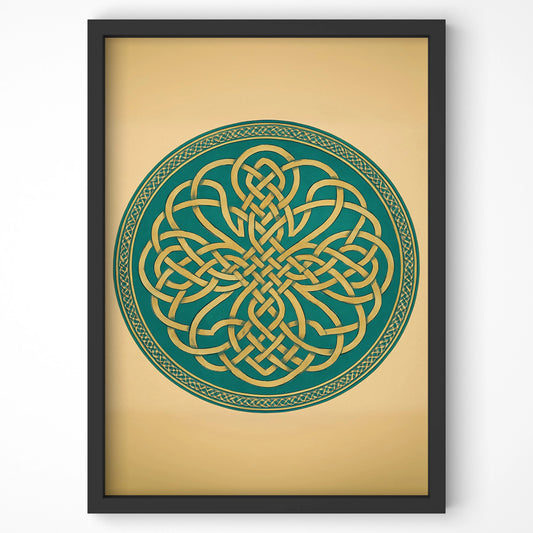 Full view of the framed Celtic knot print, bold green and gold design on a soft tan background.