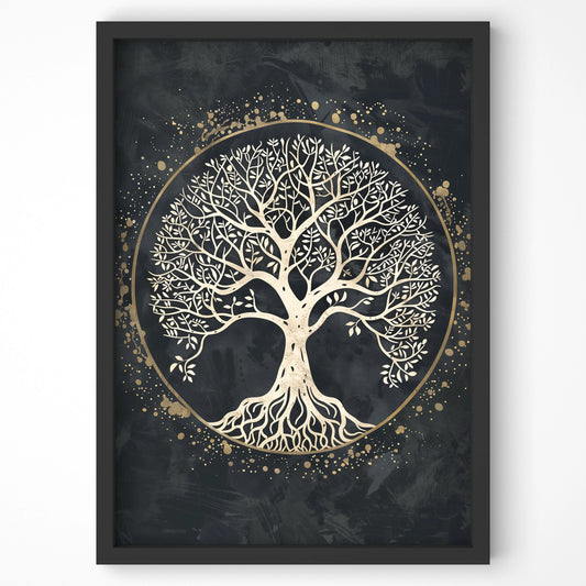 Zoomed-in view of the Celtic Tree of Life artwork in a dark frame, highlighting gold detailing and mythological symbolism.