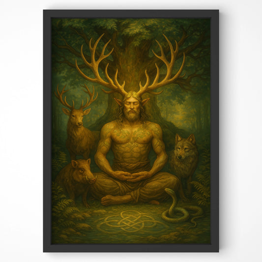 Product shot of Cernunnos print in black frame with white mount on a plain background, focused on clean detail.