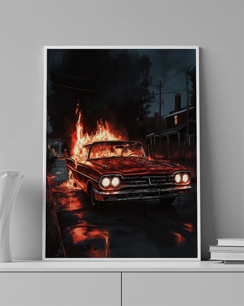 Chevrolet Biscayne wall art featuring a classic vintage car with a dramatic fire-lit scene.