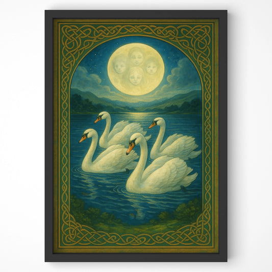 Close-up of the Children of Lir Celtic wall art with black frame, highlighting swans, moonlit sky, and Celtic knotwork.