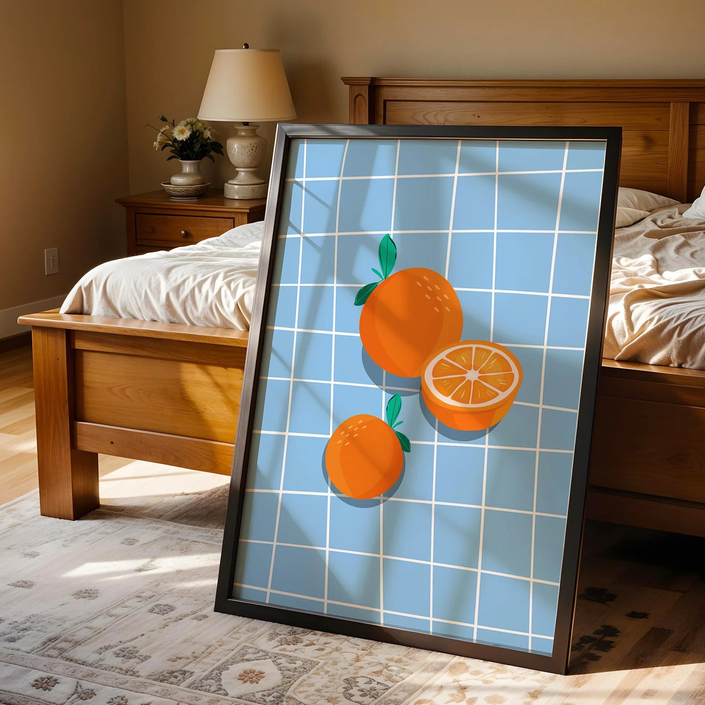 Stylized orange still life print with sliced fruit on a blue grid background.