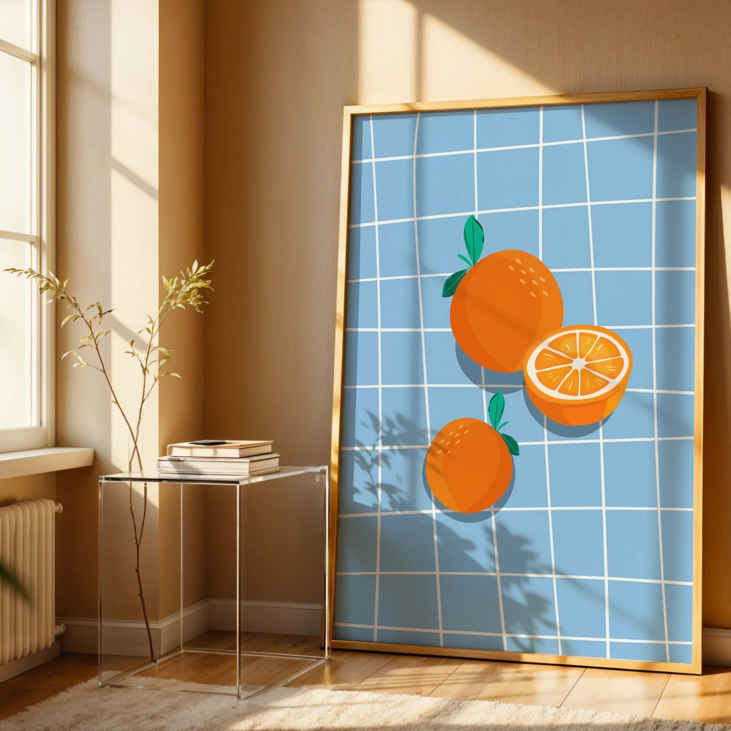 Contemporary food art print featuring oranges and a halved slice.