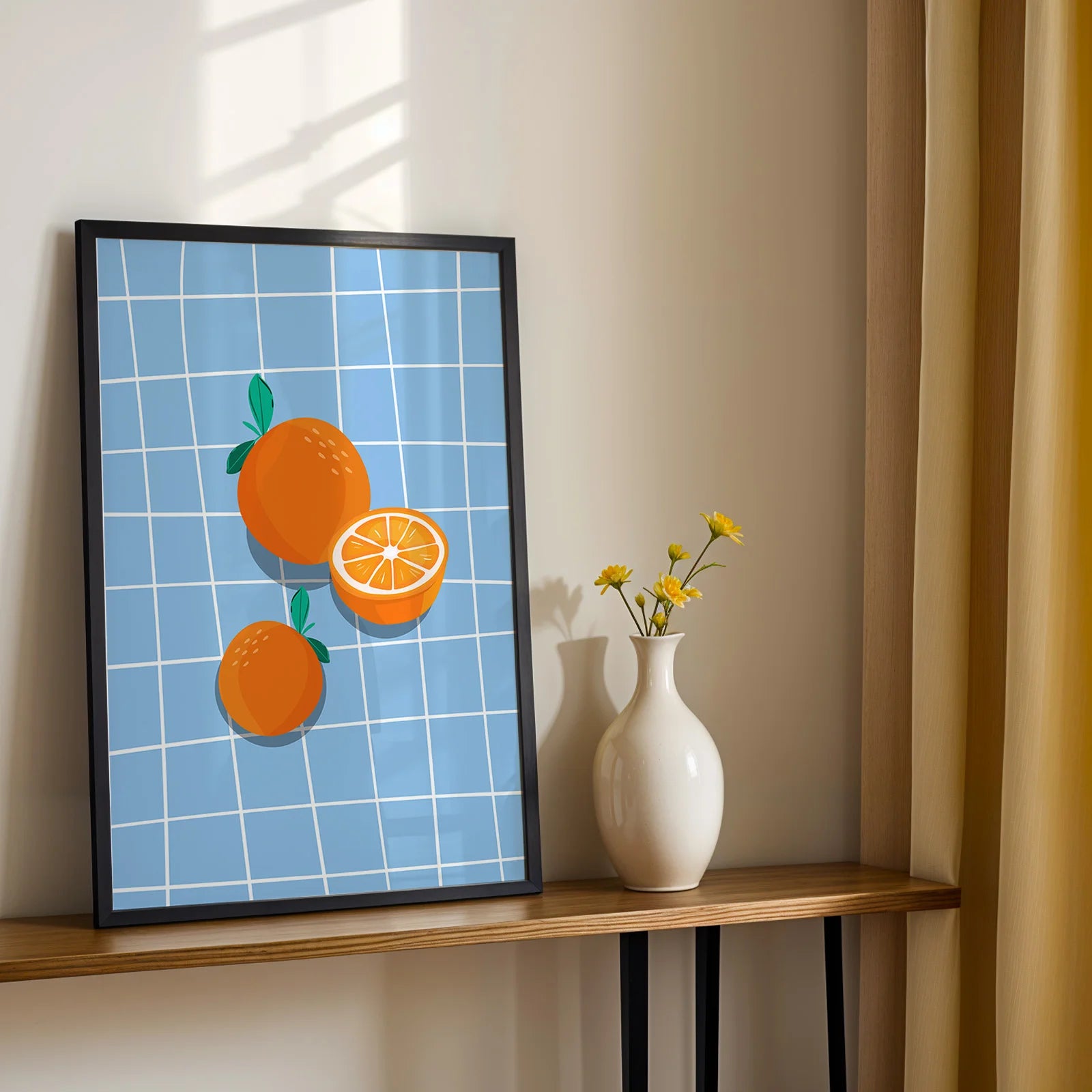 Whimsical orange artwork with simple leaf details on a light blue backdrop.