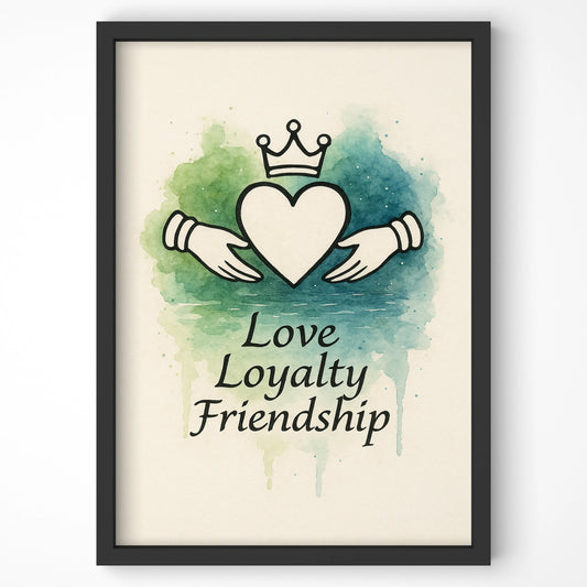 Full view of Celtic Claddagh wall art in a black frame, featuring watercolour tones of green and blue, tied to Irish folklore.