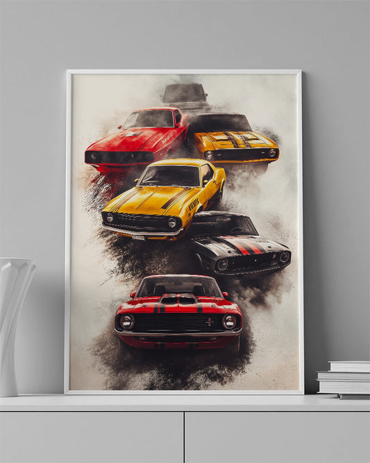 Classic muscle cars wall art featuring vintage American muscle cars in motion.
