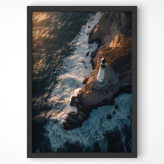 Top-down view of a lighthouse perched on rugged coastal cliffs, premium travel wall art
