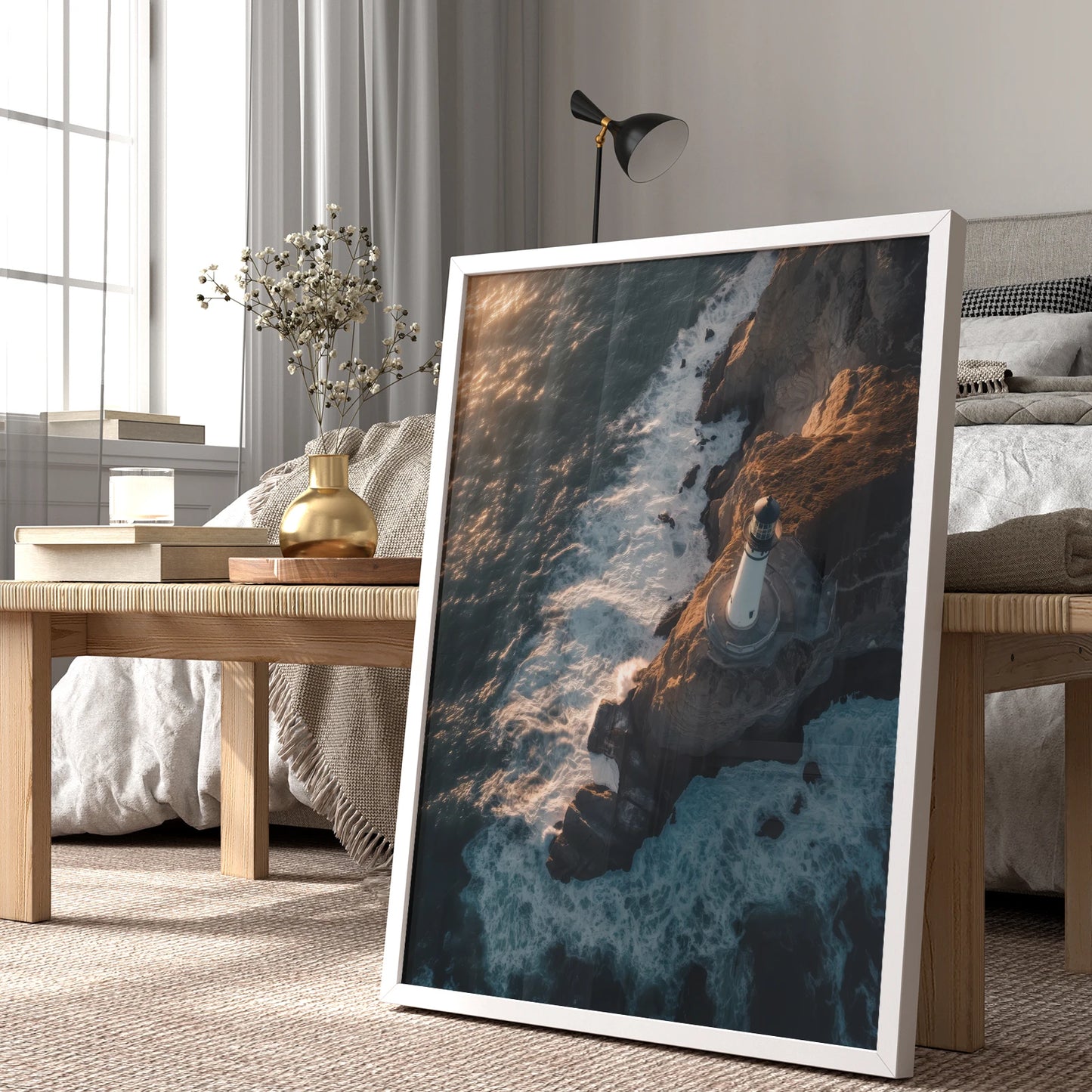 Dramatic ocean waves crashing against a cliff with a lighthouse overhead, travel wall print