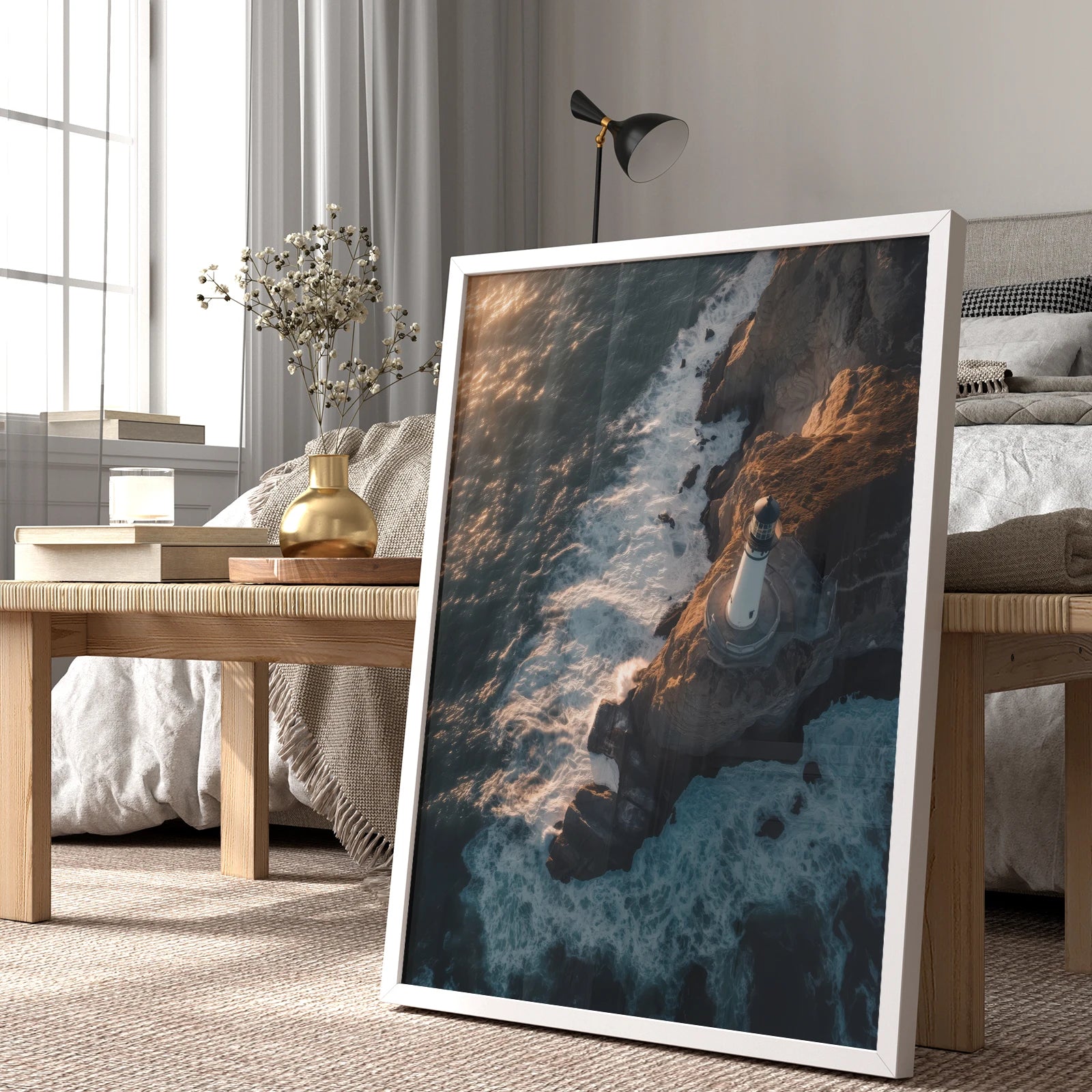 Dramatic ocean waves crashing against a cliff with a lighthouse overhead, travel wall print