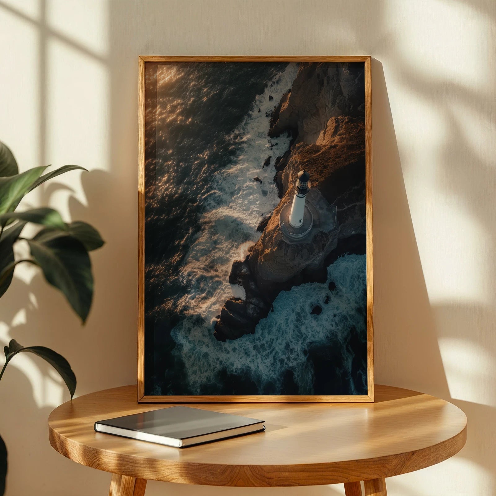 Aerial shot of a lighthouse standing on rocky coast at sunset, perfect travel wall art
