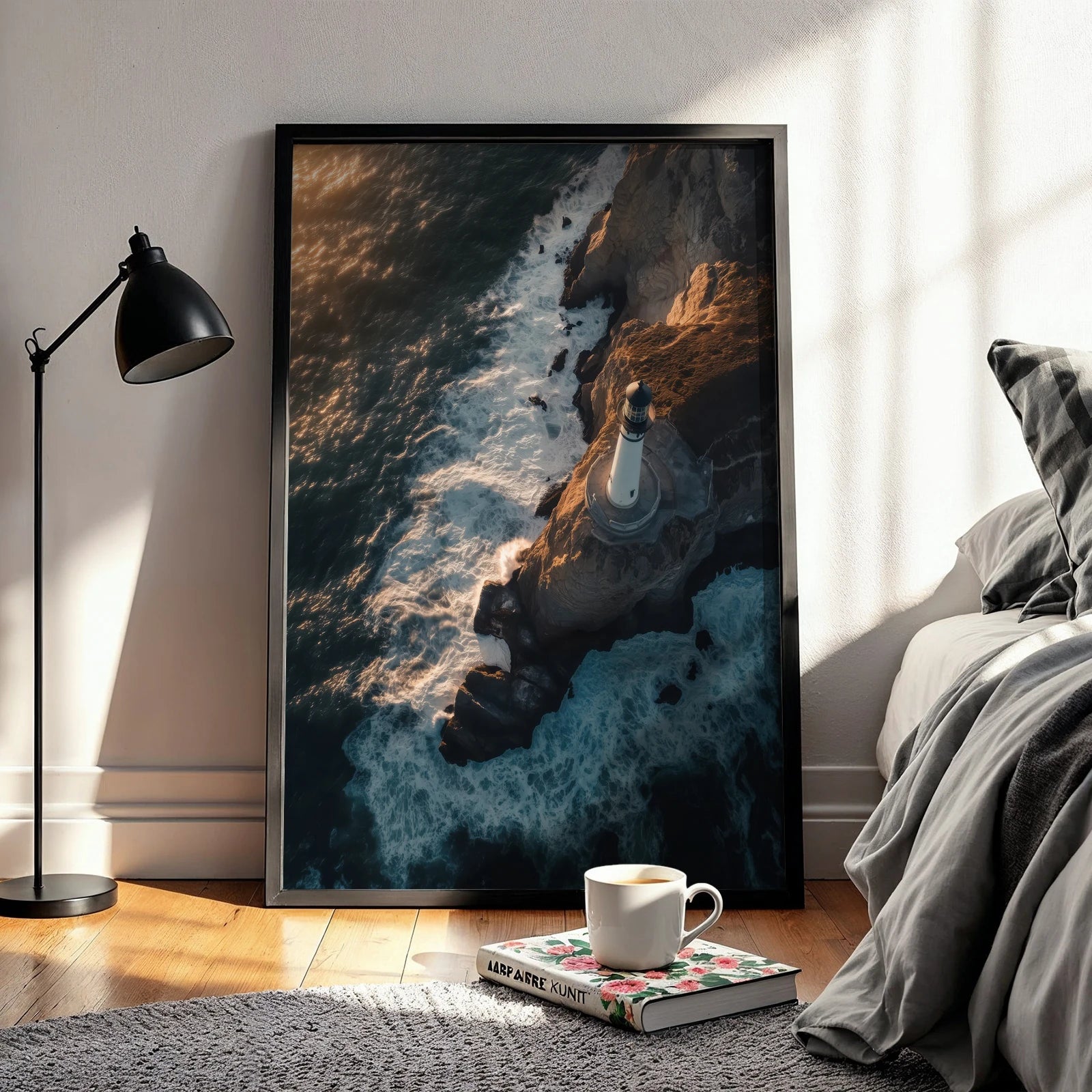 Golden light highlighting seaside cliffs with a white lighthouse, ideal travel wall art