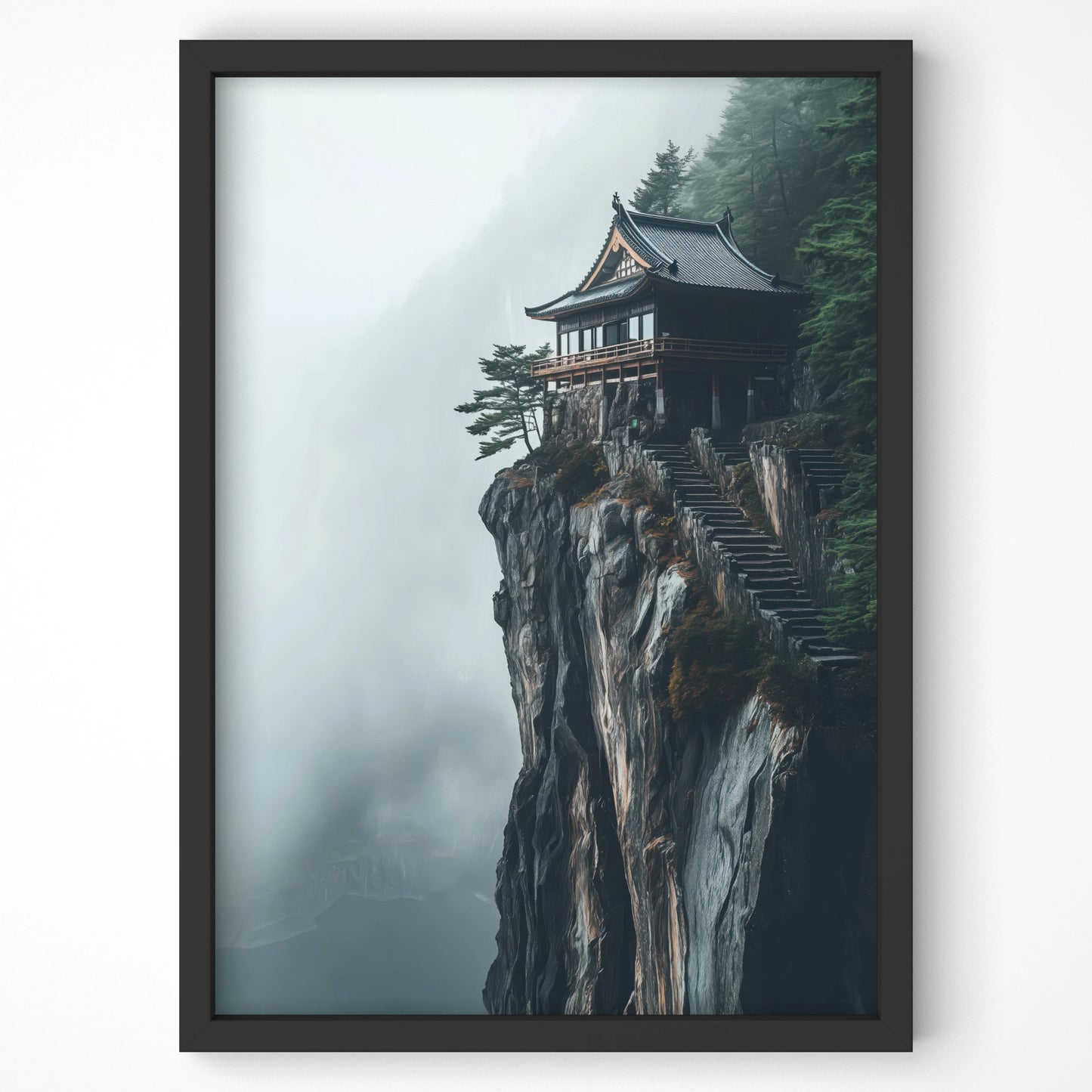 Japanese temple perched on a misty cliff, ideal Japan travel wall art for Irish homes