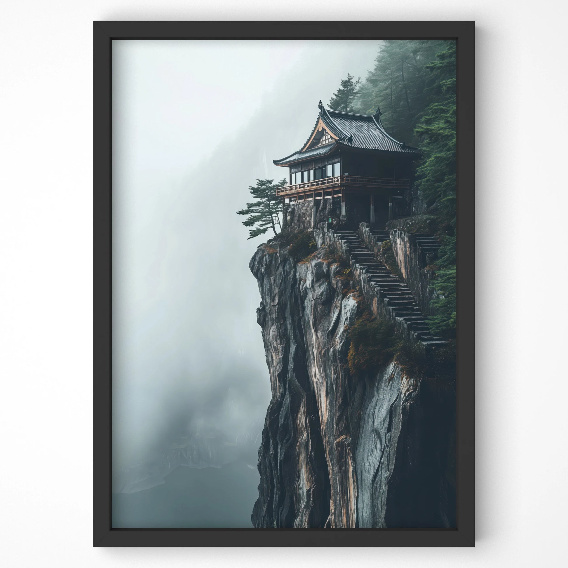 Japanese temple perched on a misty cliff, ideal Japan travel wall art for Irish homes