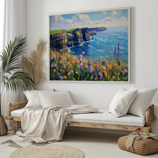 A stylish living room with a deep blue accent wall and an oversized Cliffs of Moher artwork framed in wood.