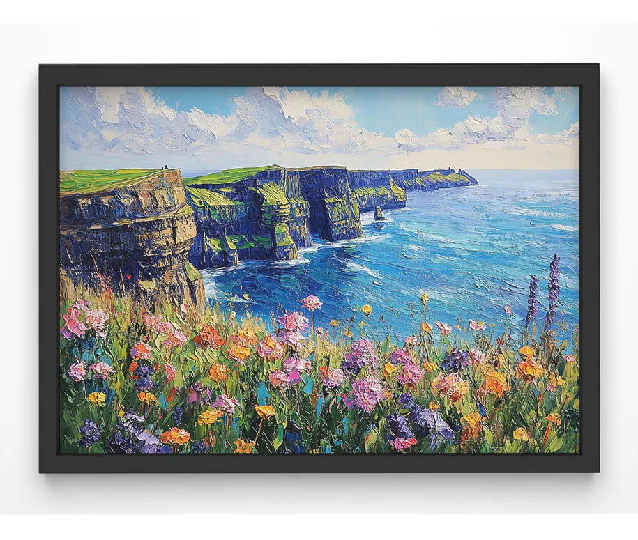 A vibrant painting of the Cliffs of Moher in Ireland, featuring lush wildflowers in the foreground and a deep blue Atlantic Ocean under a bright sky.