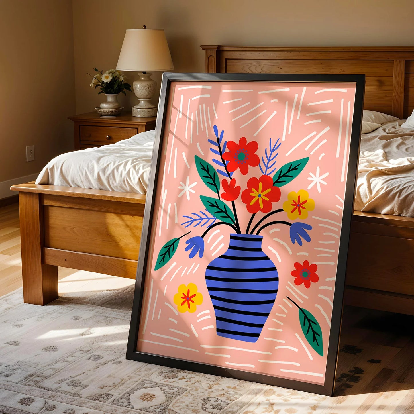 Whimsical flower arrangement in a blue vase with a textured background.