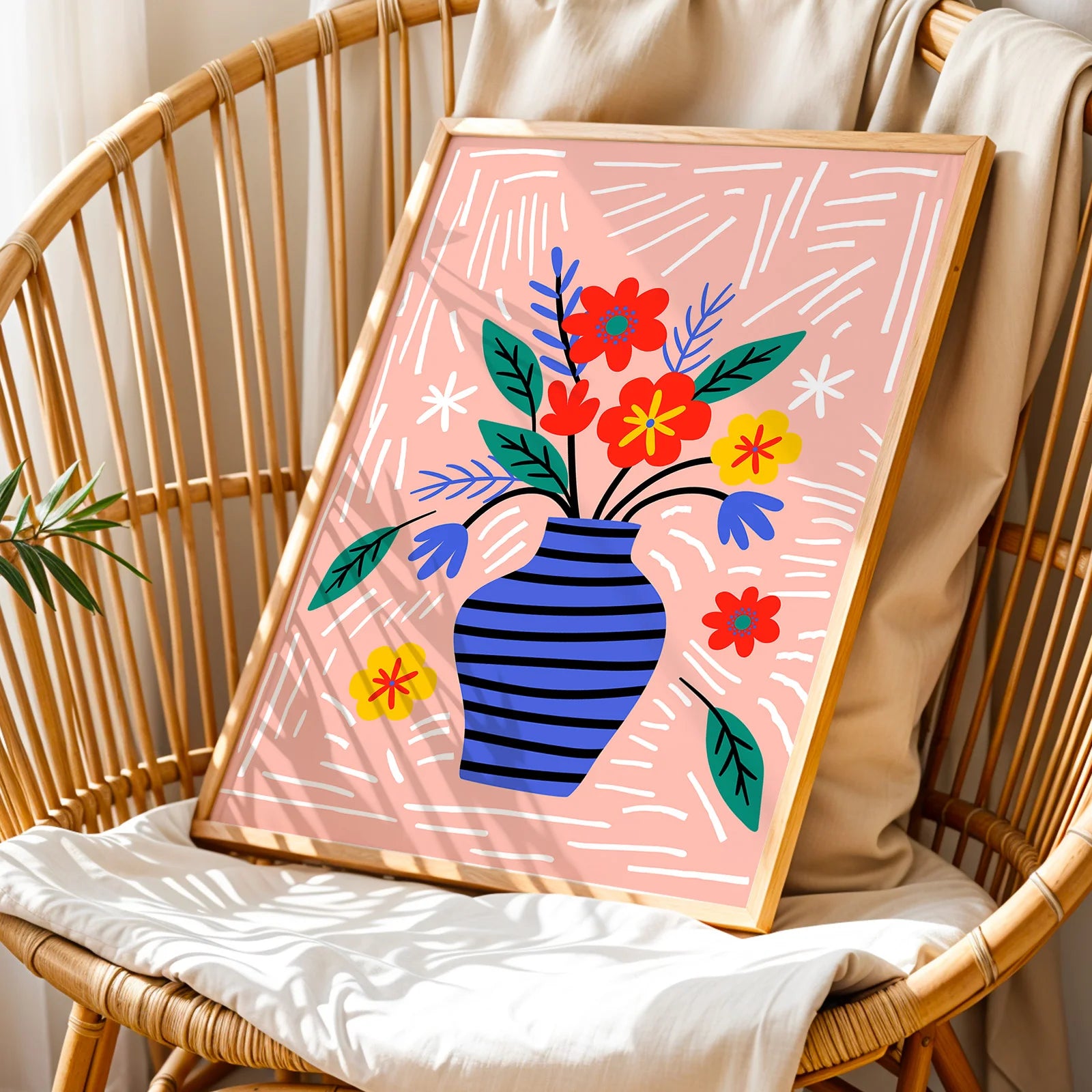 Bold and energetic flower vase print with a playful, modern style.