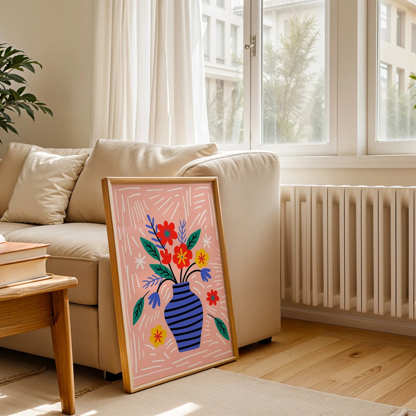 Colorful botanical illustration of flowers in a striped vase.