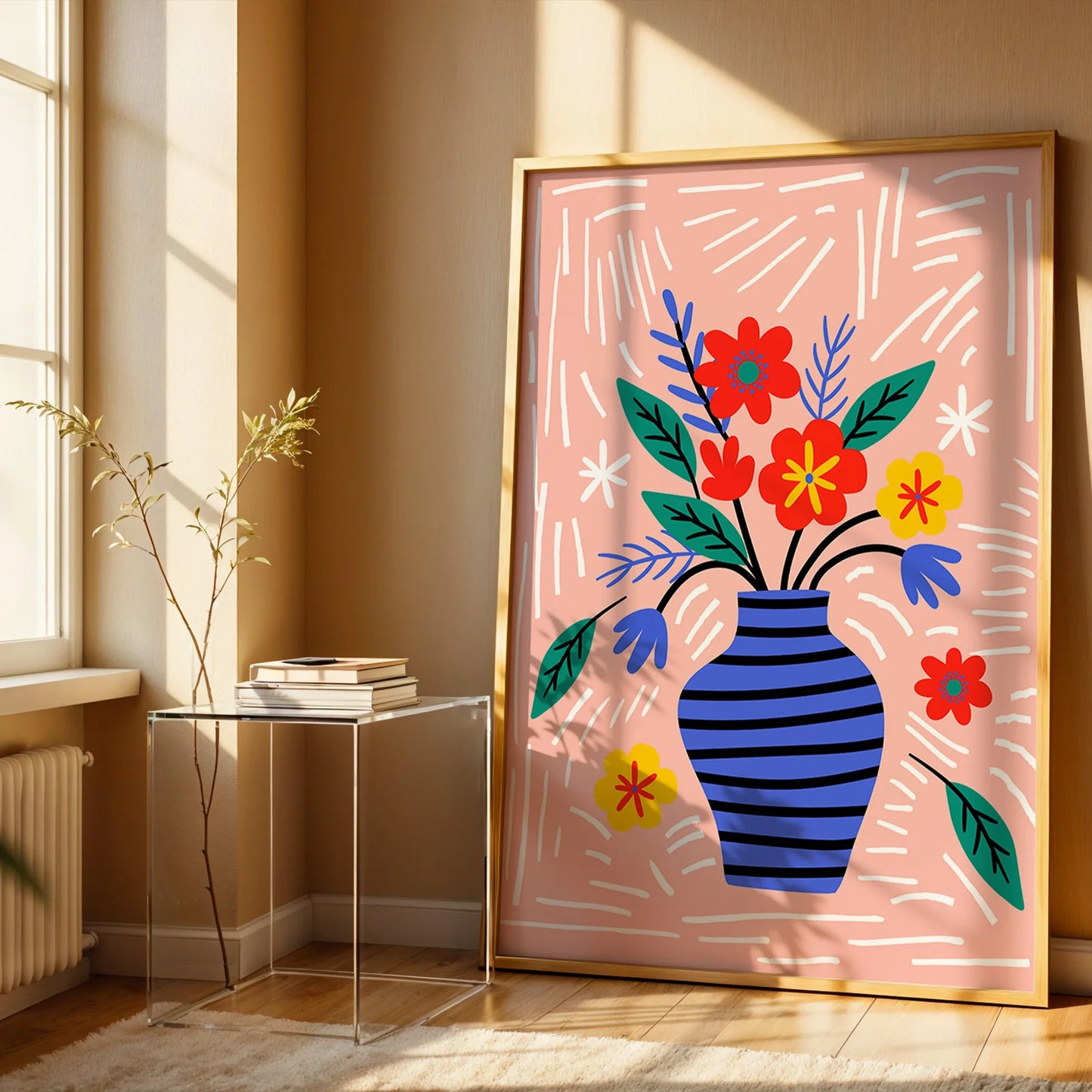 Abstract floral art print with bold colors and playful shapes.