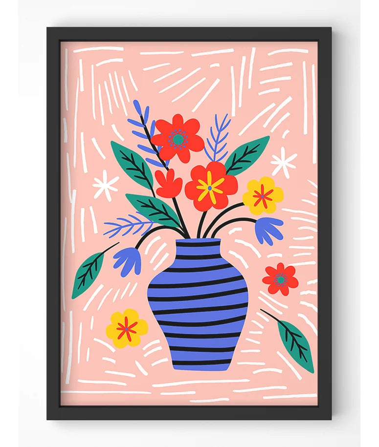 Vibrant floral vase art print with a modern, stylized design.