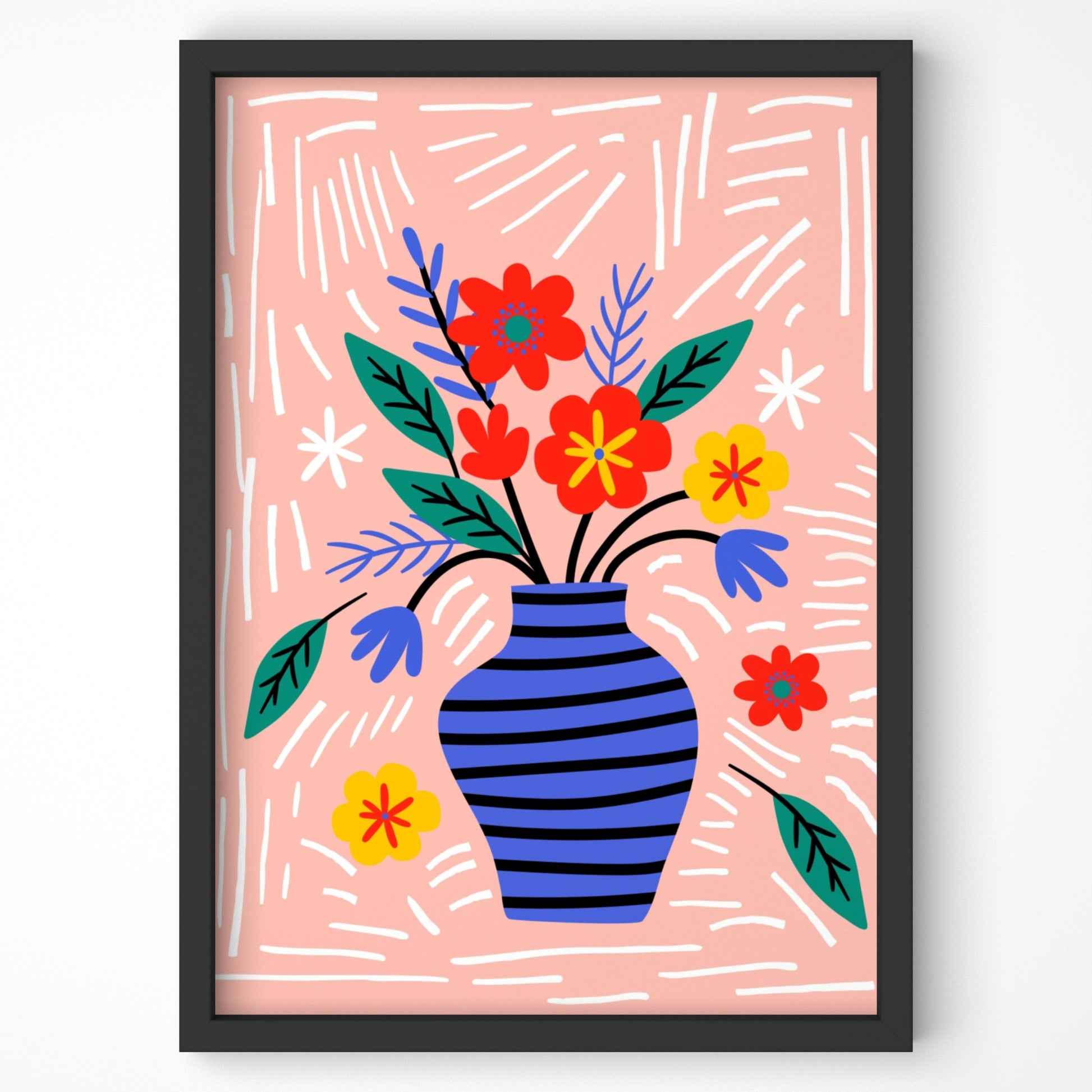 Vibrant floral vase art print with a modern, stylized design.