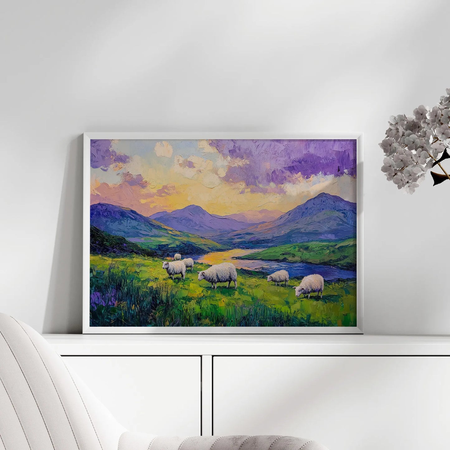 Scenic Irish-themed artwork with a colorful sunset over lush greenery.