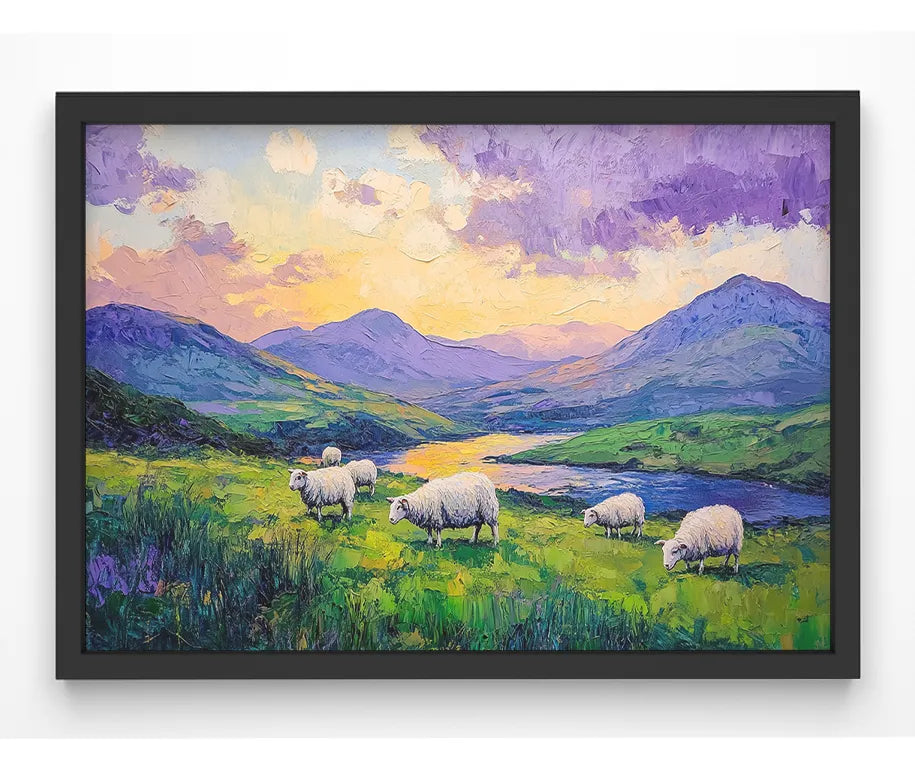 Vibrant Irish landscape print featuring a sunset over rolling green hills and grazing sheep of Connemara