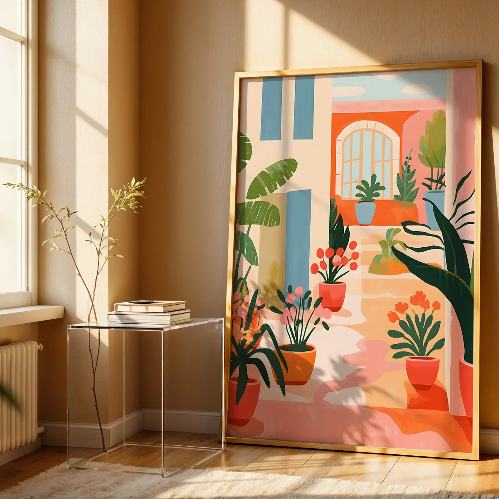 Pastel-toned courtyard print featuring potted flowers and foliage.
