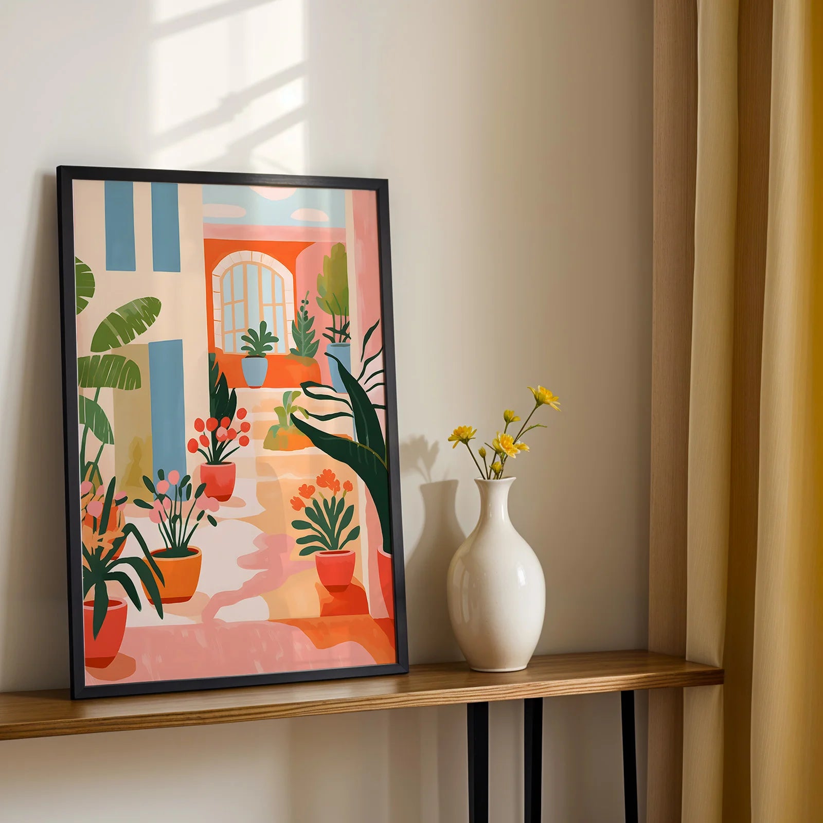 Colorful courtyard garden print with a contemporary artistic touch.
