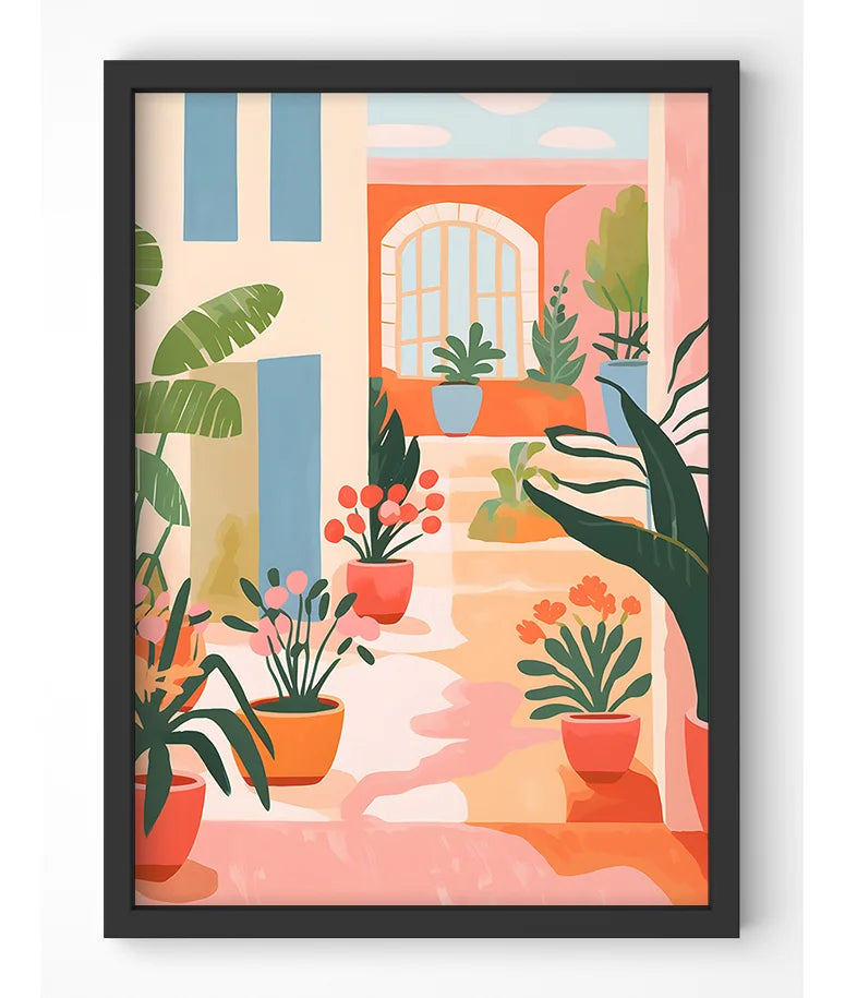 Whimsical botanical print of a sunlit courtyard with potted plants.
