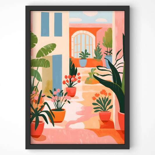 Whimsical botanical print of a sunlit courtyard with potted plants.
