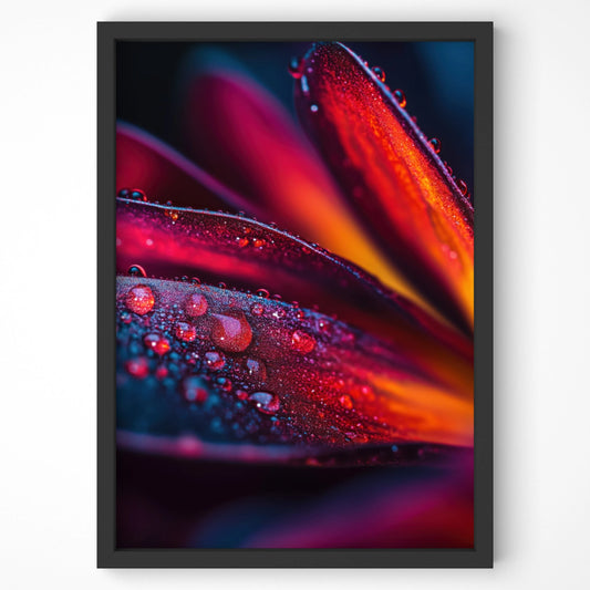 Crimson Glow wall art print – close-up macro photography of deep red and orange flower petals with water droplets, modern botanical decor.