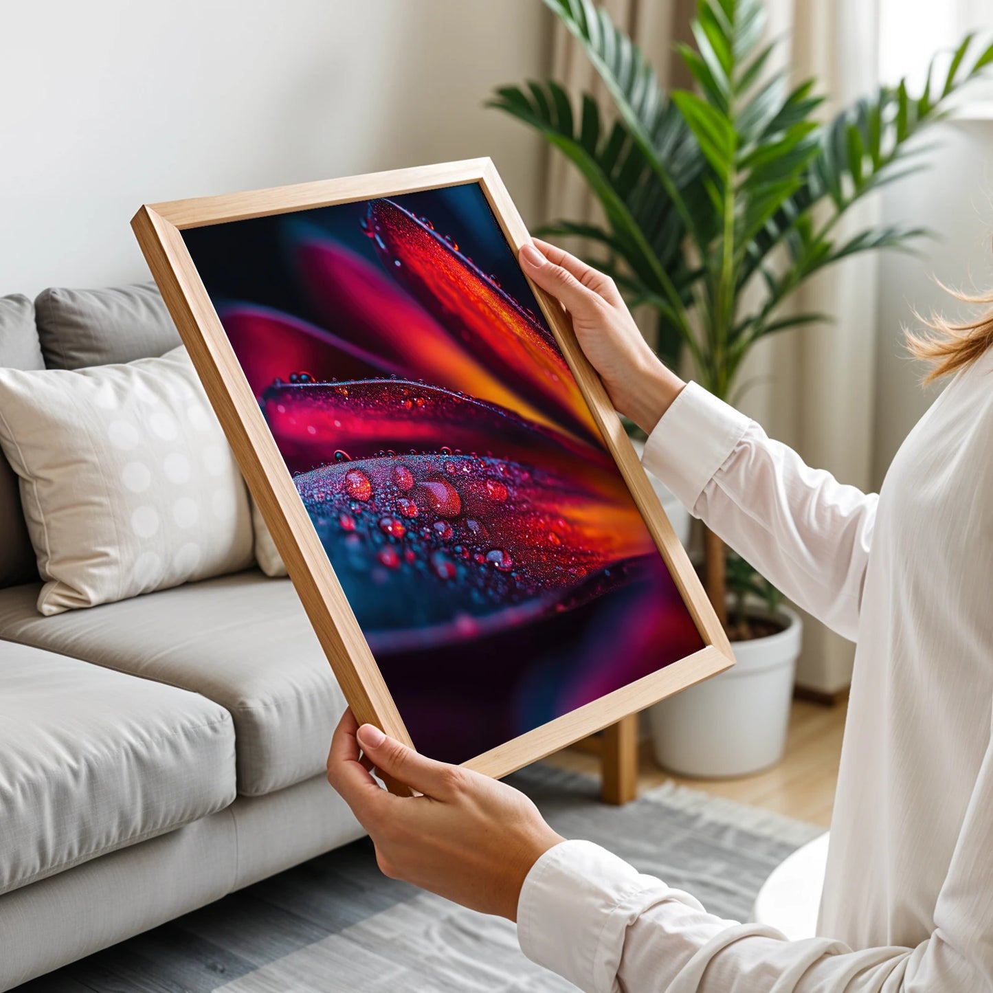 A person holding Crimson Glow print – modern floral macro photography featuring deep reds, oranges, and dewdrops for luxury interiors.