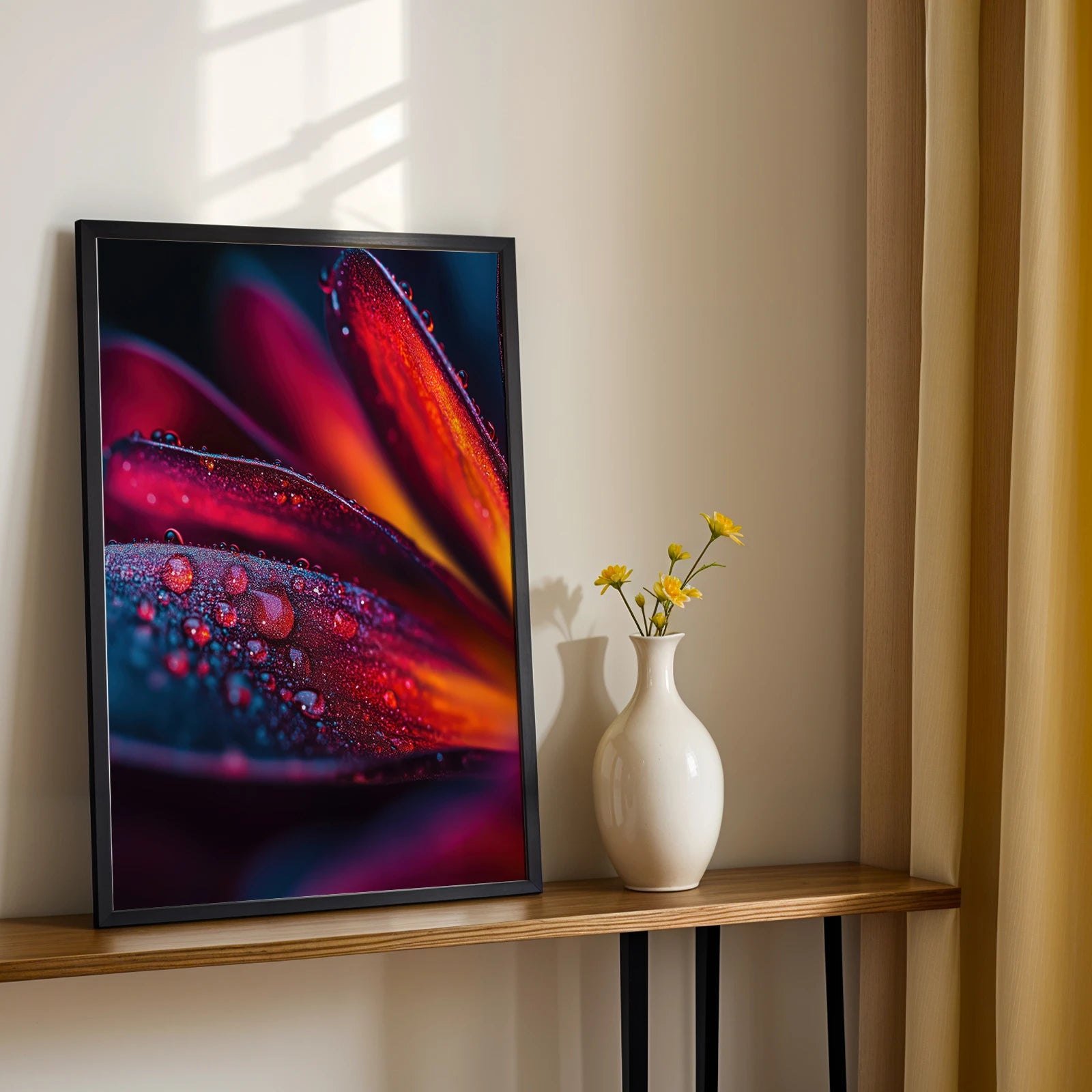 Crimson Glow botanical print leaning against a wall, rich floral hues with a dramatic aesthetic, perfect for living room decor.