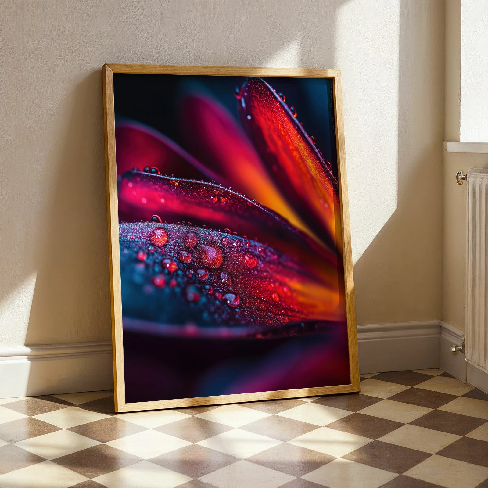 Framed Crimson Glow print – macro flower photography in vivid red and orange tones, ideal for elegant home interiors.