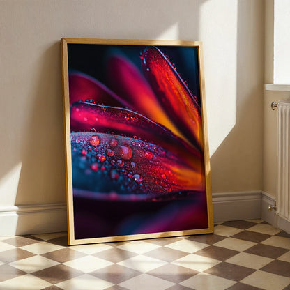 Framed Crimson Glow print – macro flower photography in vivid red and orange tones, ideal for elegant home interiors.
