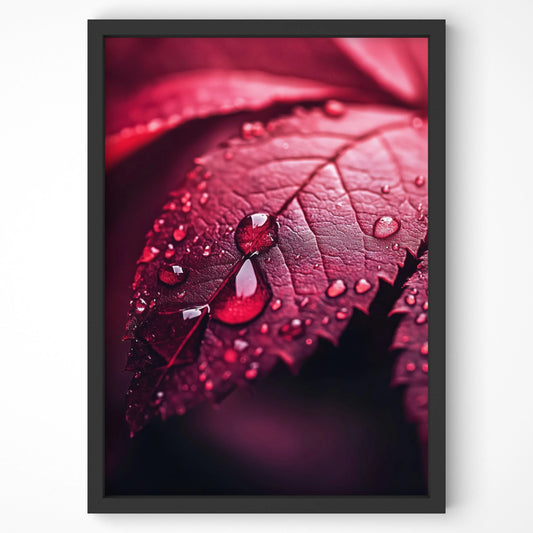 Crimson Leaf Wall Art Print – A deep red leaf with glistening dewdrops, capturing the beauty of nature in a stunning botanical composition.