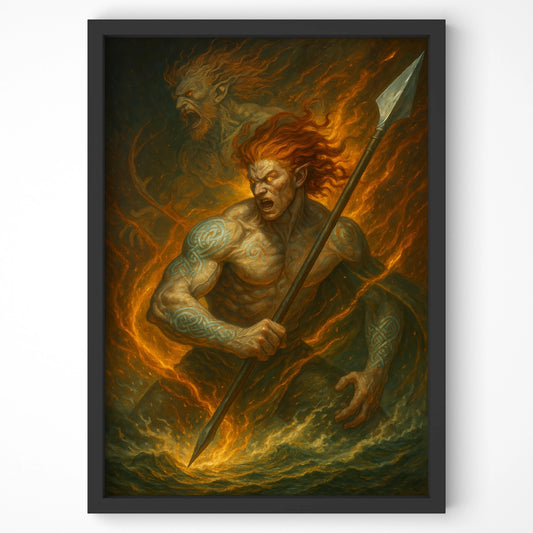 Close-up of Cú Chulainn’s battle form, showing tattoo detail, burning red hair, and spear against a fiery background.