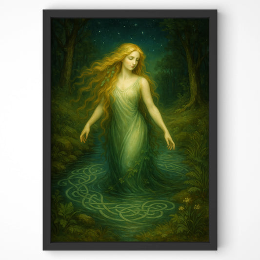 Close-up of Danu wall print in a black frame, showcasing her in a mystical forest scene with Celtic knot water detail.