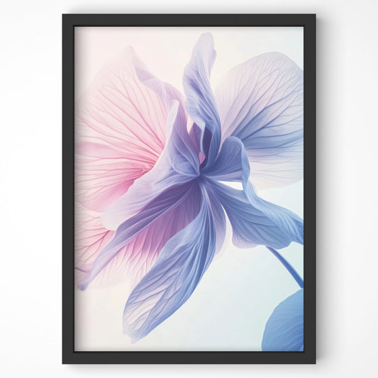 Close-up of a delicate floral wall art print in soft pink and blue hues, framed in black.
