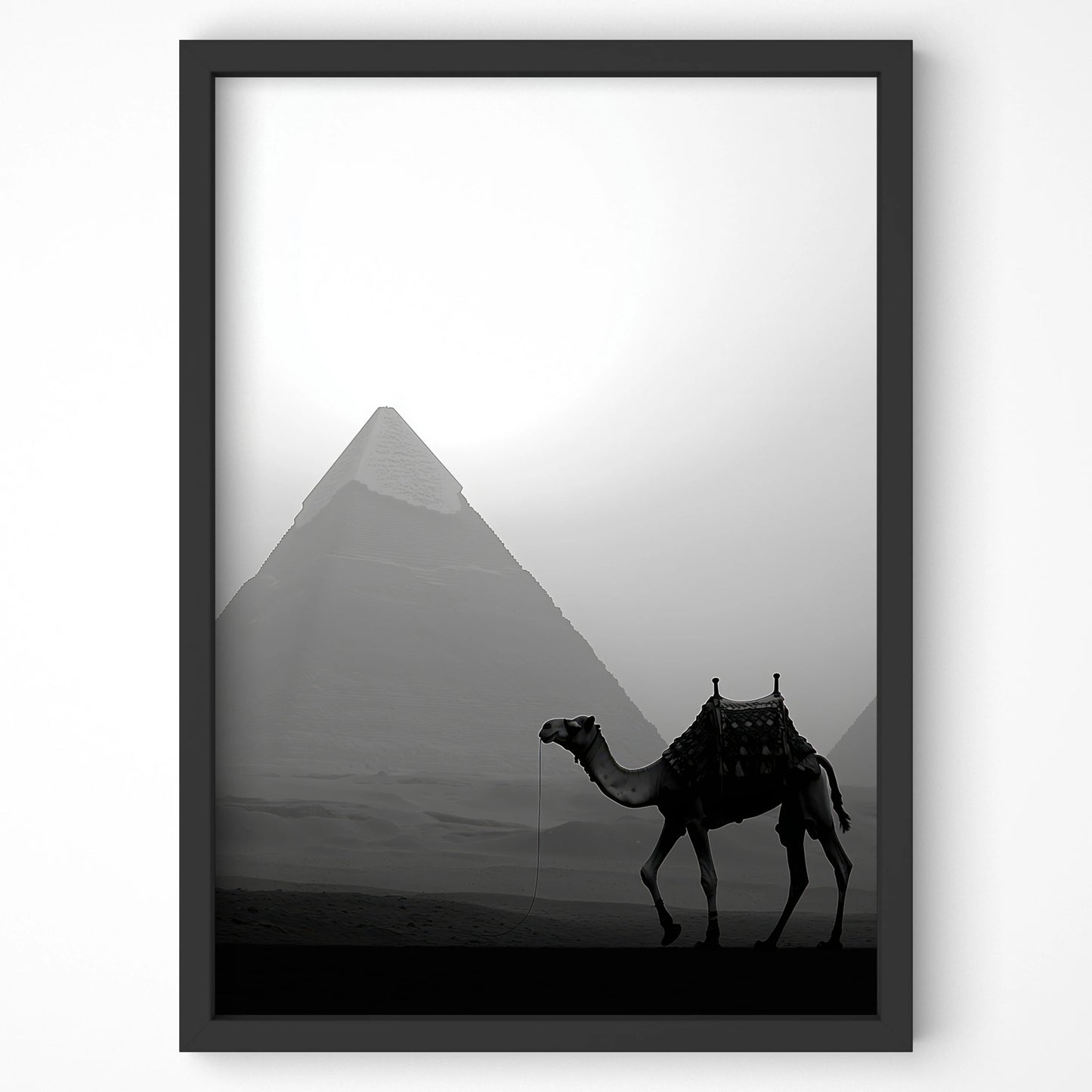 Camel silhouette against the Egyptian pyramid backdrop, ideal travel wall art for Irish homes