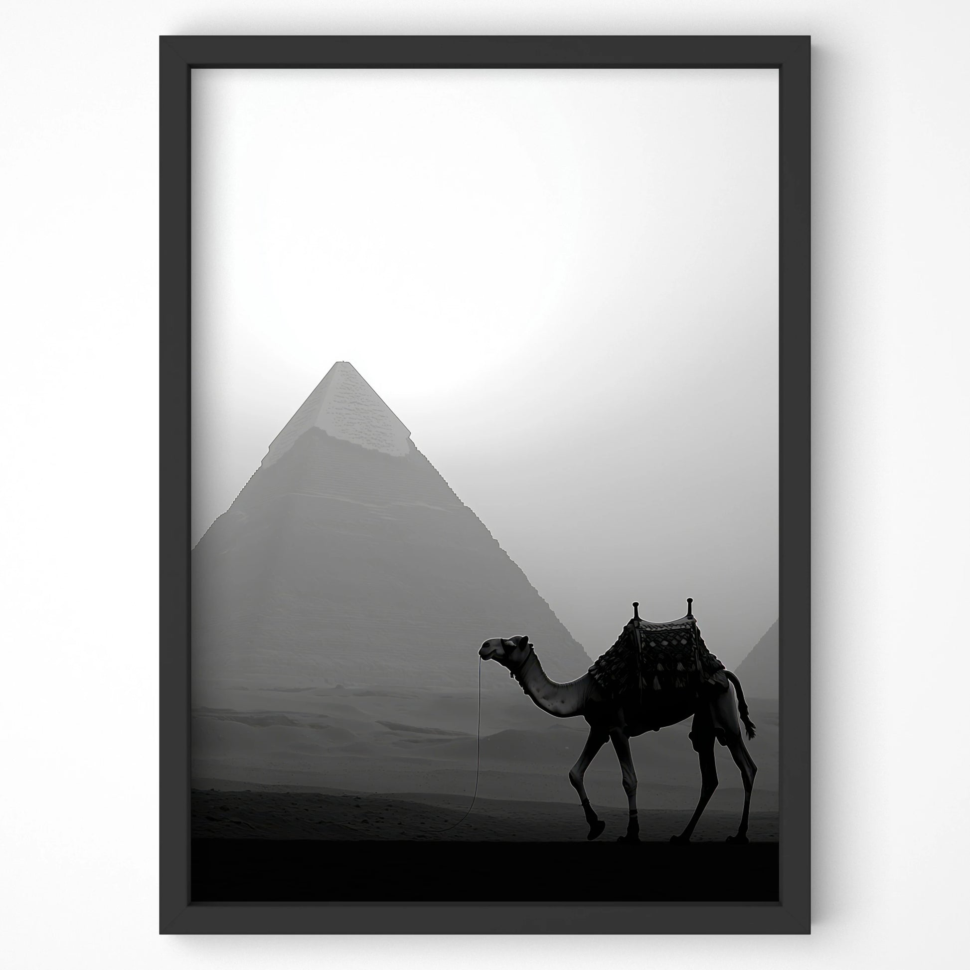 Camel silhouette against the Egyptian pyramid backdrop, ideal travel wall art for Irish homes