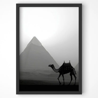 Camel silhouette against the Egyptian pyramid backdrop, ideal travel wall art for Irish homes