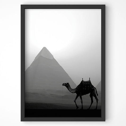 Camel silhouette against the Egyptian pyramid backdrop, ideal travel wall art for Irish homes